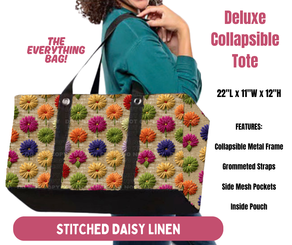 Preorder! Closes 10/8. ETA Jan. Stitched Daisy Linen Collapsible Tote