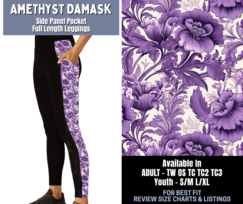 Preorder! Closes 1/8. ETA March. Amethyst Damask Side Panel Pocket Full Length Leggings