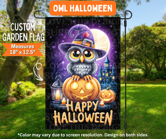 Preorder! Closes 7/6. ETA Oct. Owl Halloween Garden Flag