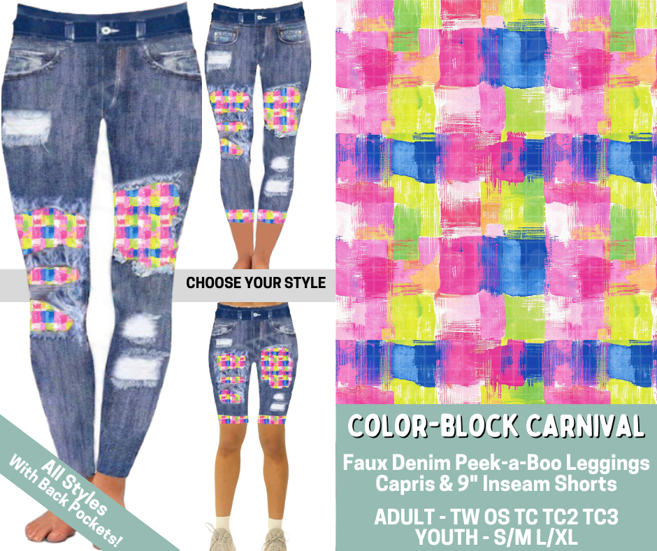 Preorder! Closes 5/20. ETA Aug. Color-Block Carnival Combo Faux Denim Peekaboo Legging Lengths