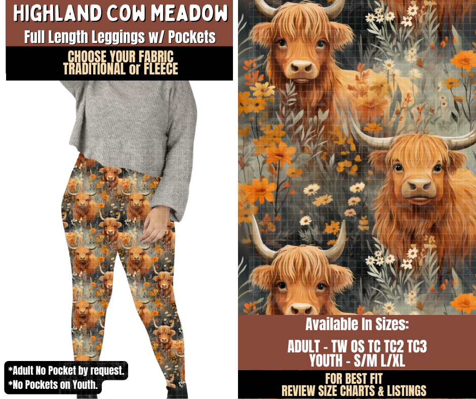 Preorder! Closes 7/27. ETA Oct. Highland Cow Meadow Leggings Choose Fleece or Traditional