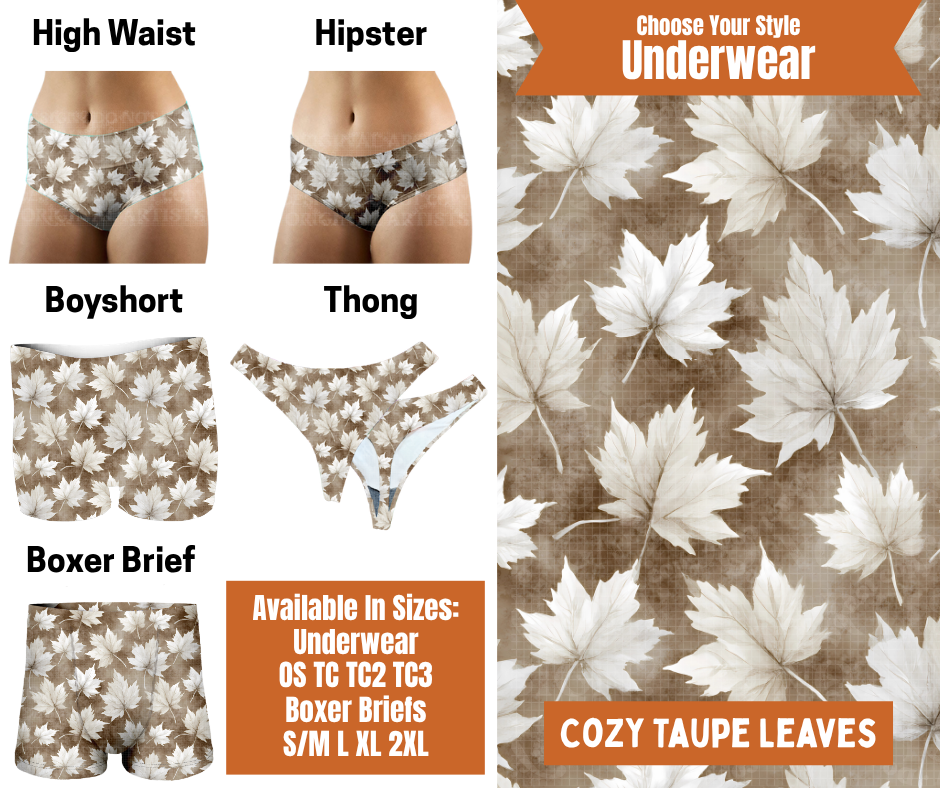 Preorder! Closes 7/30. ETA Oct. Cozy Taupe Leaves Hipster, High Waist, Boyshort, & Thong Underwear & Boxer Briefs