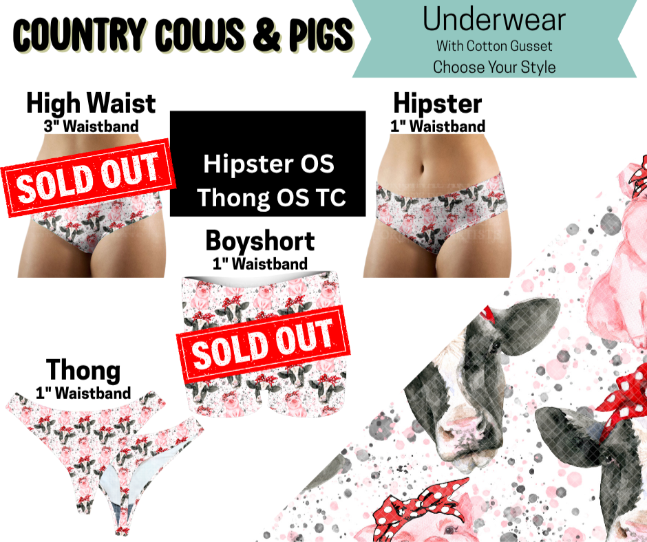 Country Cows & Pigs Hipster, High Waist, Thong Underwear