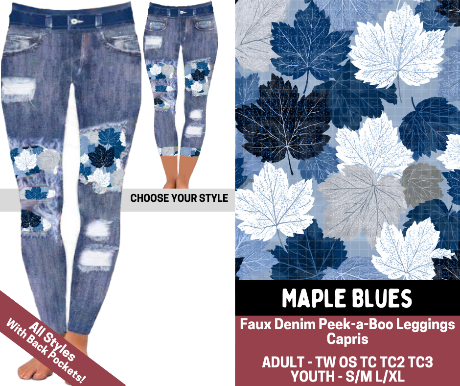 Preorder! Closes 7/23. ETA Oct. Maple Blues Combo Faux Denim Peekaboo Legging Lengths