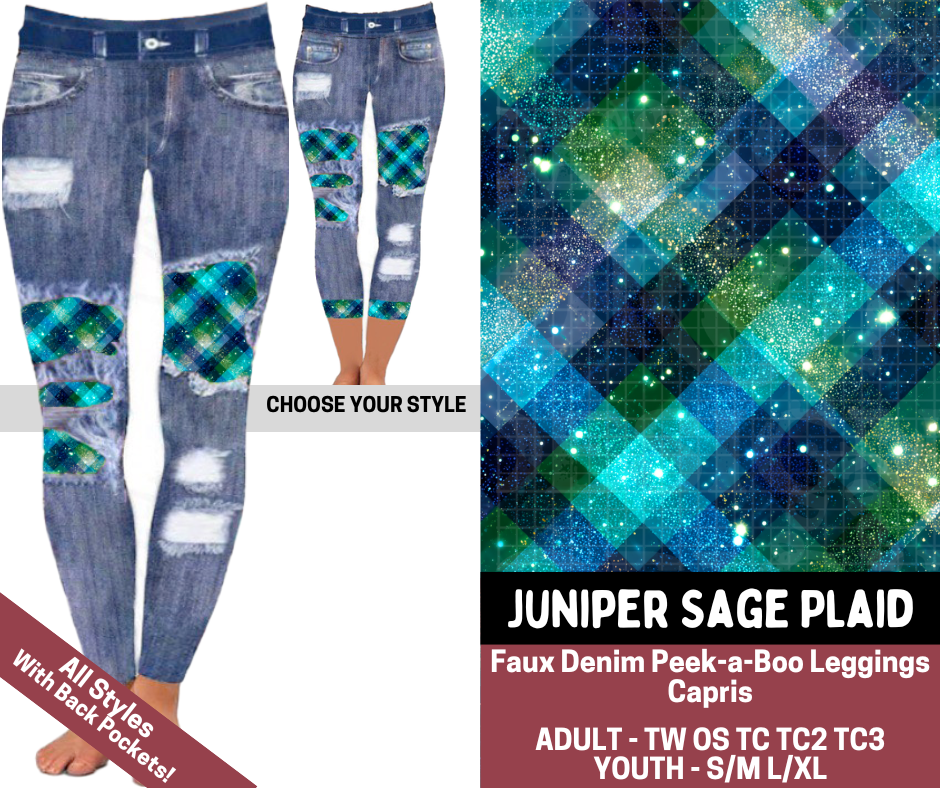 Preorder! Closes 7/23. ETA Oct. Juniper Sage Plaid Combo Faux Denim Peekaboo Legging Lengths