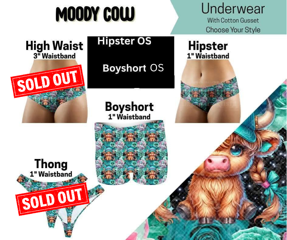 Moody Cow Hipster, High Waist, Boyshort, & Thong Underwear