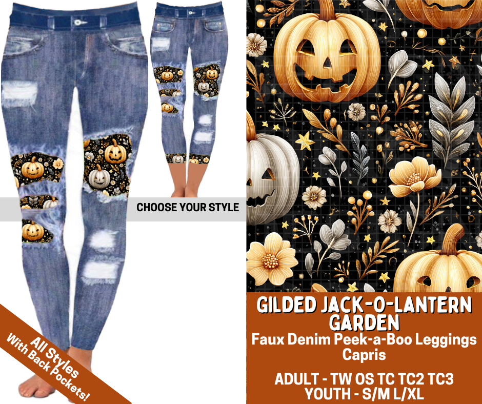 Preorder! Closes 7/13. ETA Oct. Gilded Jack-O-Lantern Garden Combo Faux Denim Peekaboo Legging Lengths