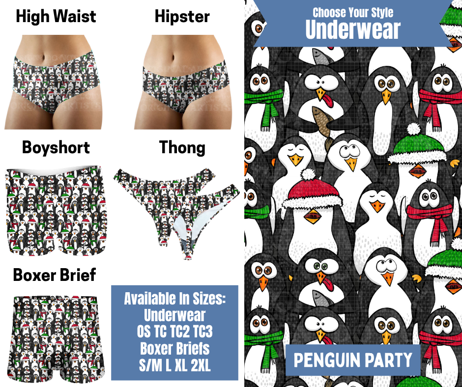 Preorder! Closes 8/26. ETA Nov. Penguin Party Hipster, High Waist, Boyshort, & Thong Underwear & Boxer Briefs