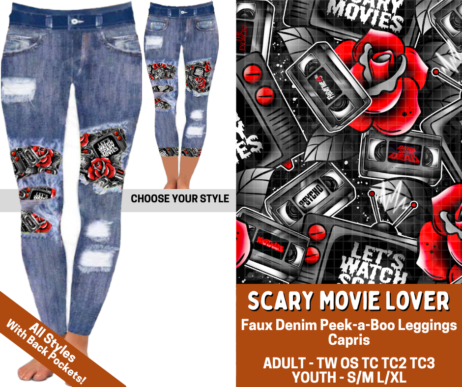Preorder! Closes 7/13. ETA Oct. Scary Movie Lover Combo Faux Denim Peekaboo Legging Lengths