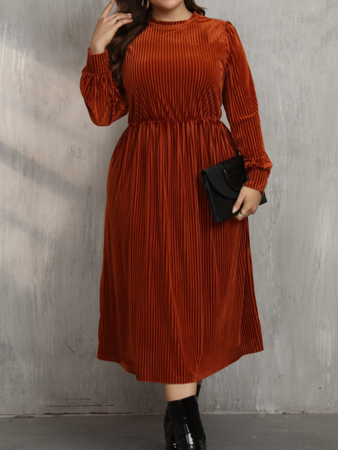 Plus Size Round Neck Long Sleeve Midi Dress