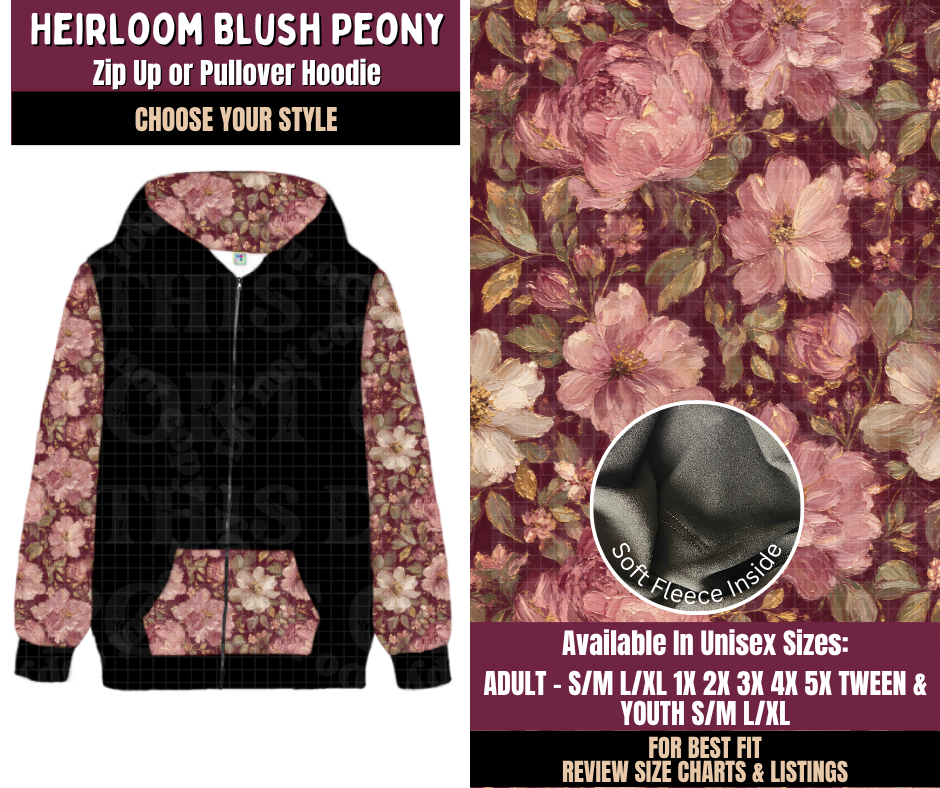 Preorder! Closes 11/11. ETA Feb. Heirloom Blush Peony Zip-Up or Pullover Hoodie