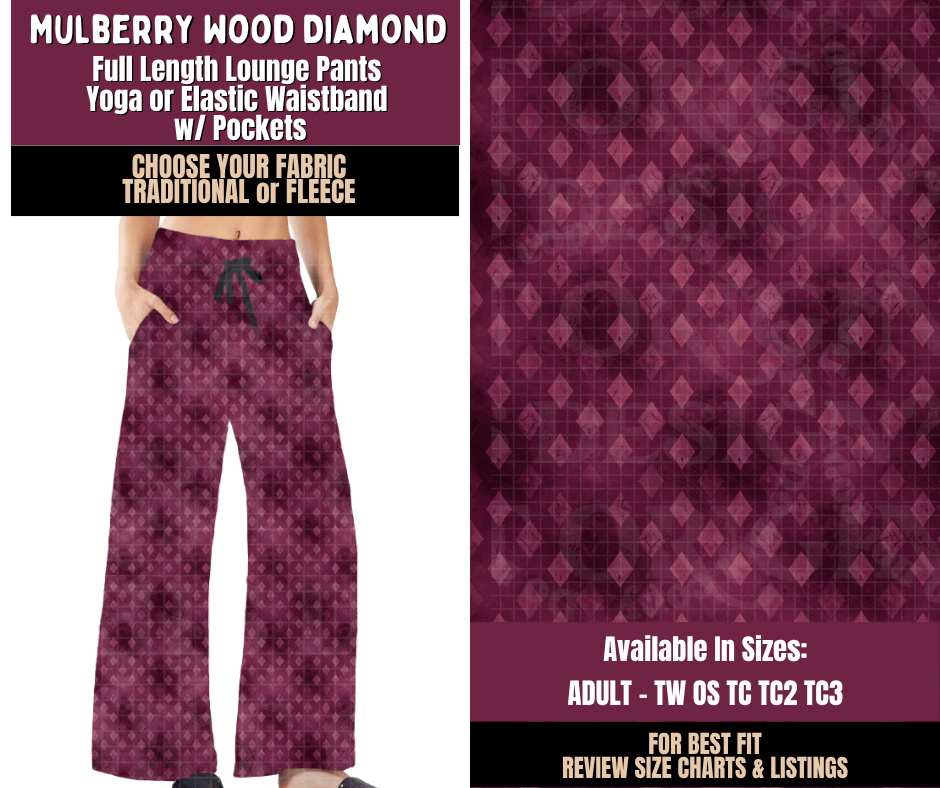 Preorder! Closes 11/11. ETA Feb. Mulberry Wood Diamond Lounge Pants Choose Fleece or Traditional