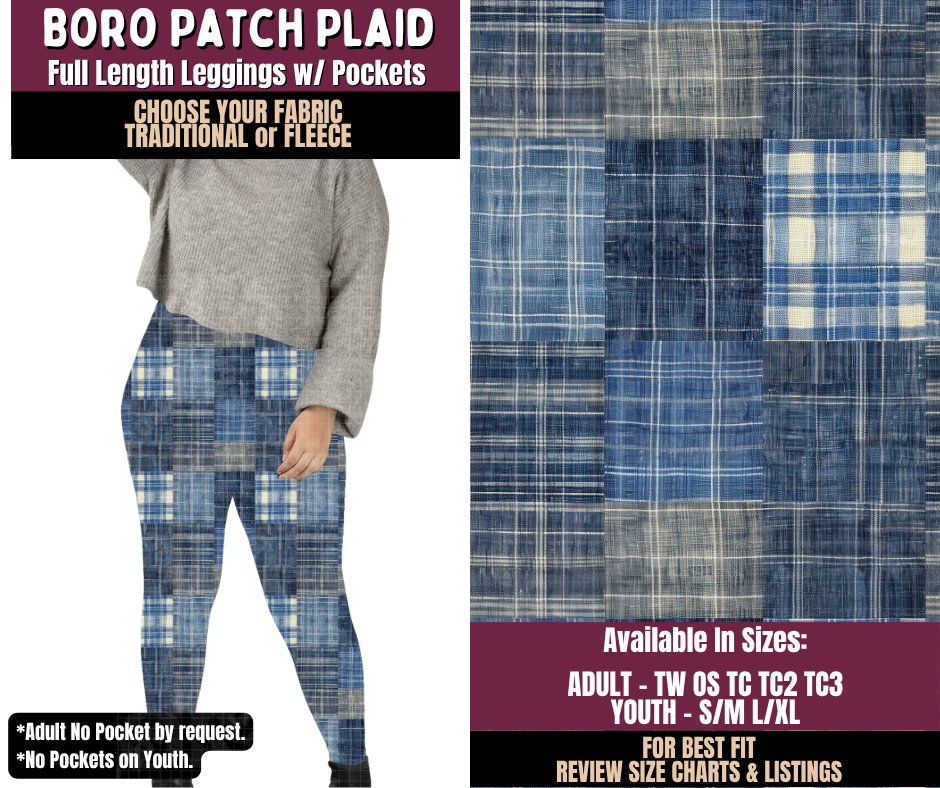 Preorder! Closes 11/11. ETA Feb. Boro Patch Plaid Leggings Choose Fleece or Traditional