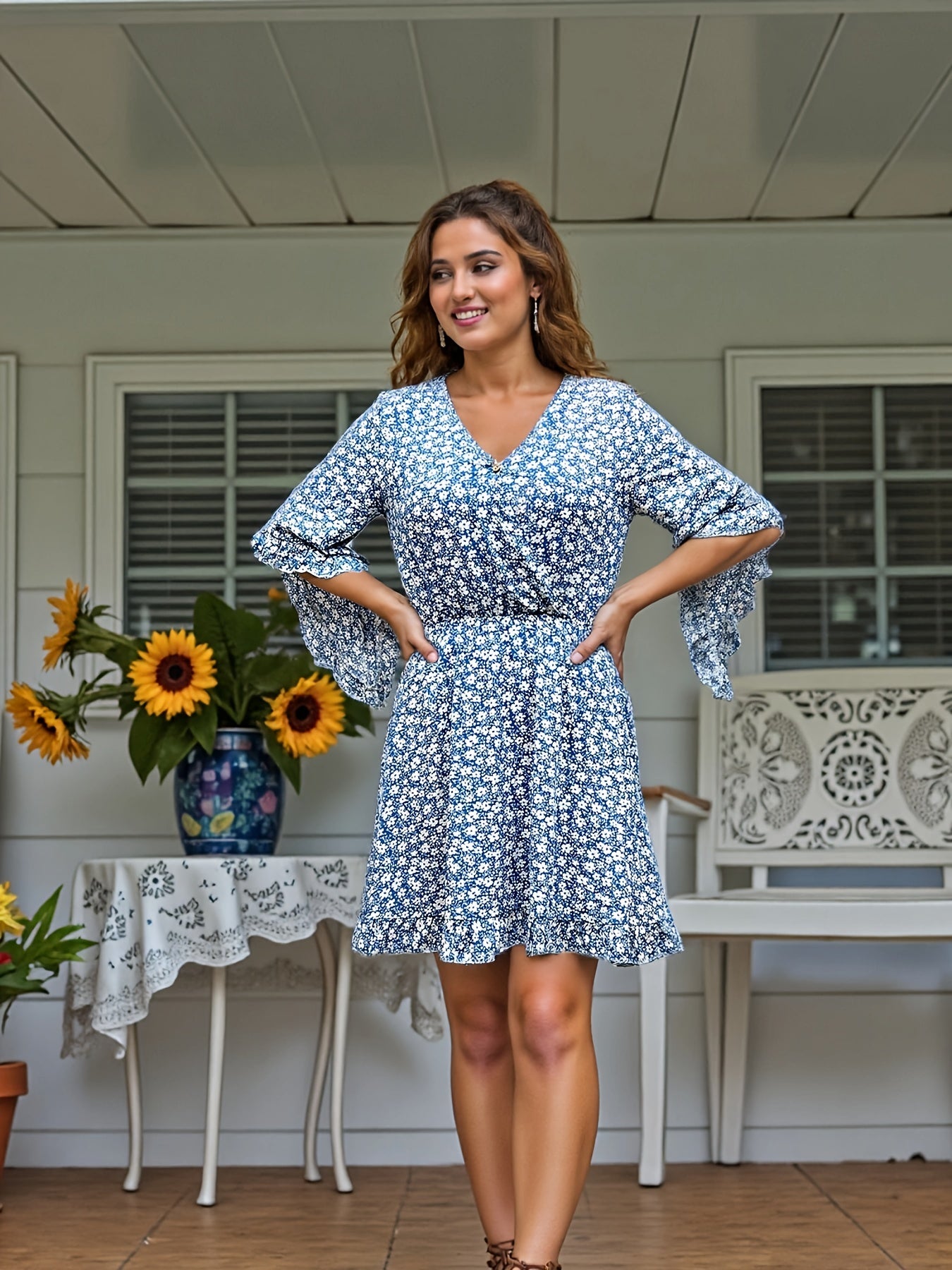 Floral Midi Dress – Flowy V-Neck Dress