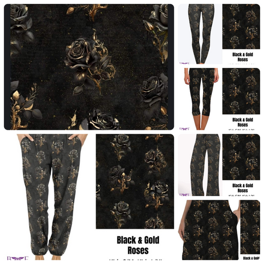 Black and Gold Roses leggings, capris, joggers, lounge pants and skorts