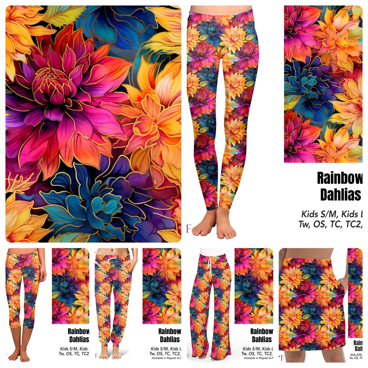 Rainbow Dahlias leggings, capris, shorts and skorts with pockets