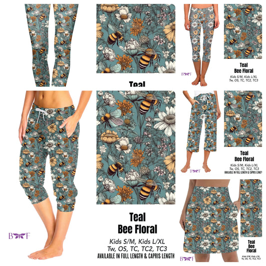 Teal Bee Floral capris with pockets