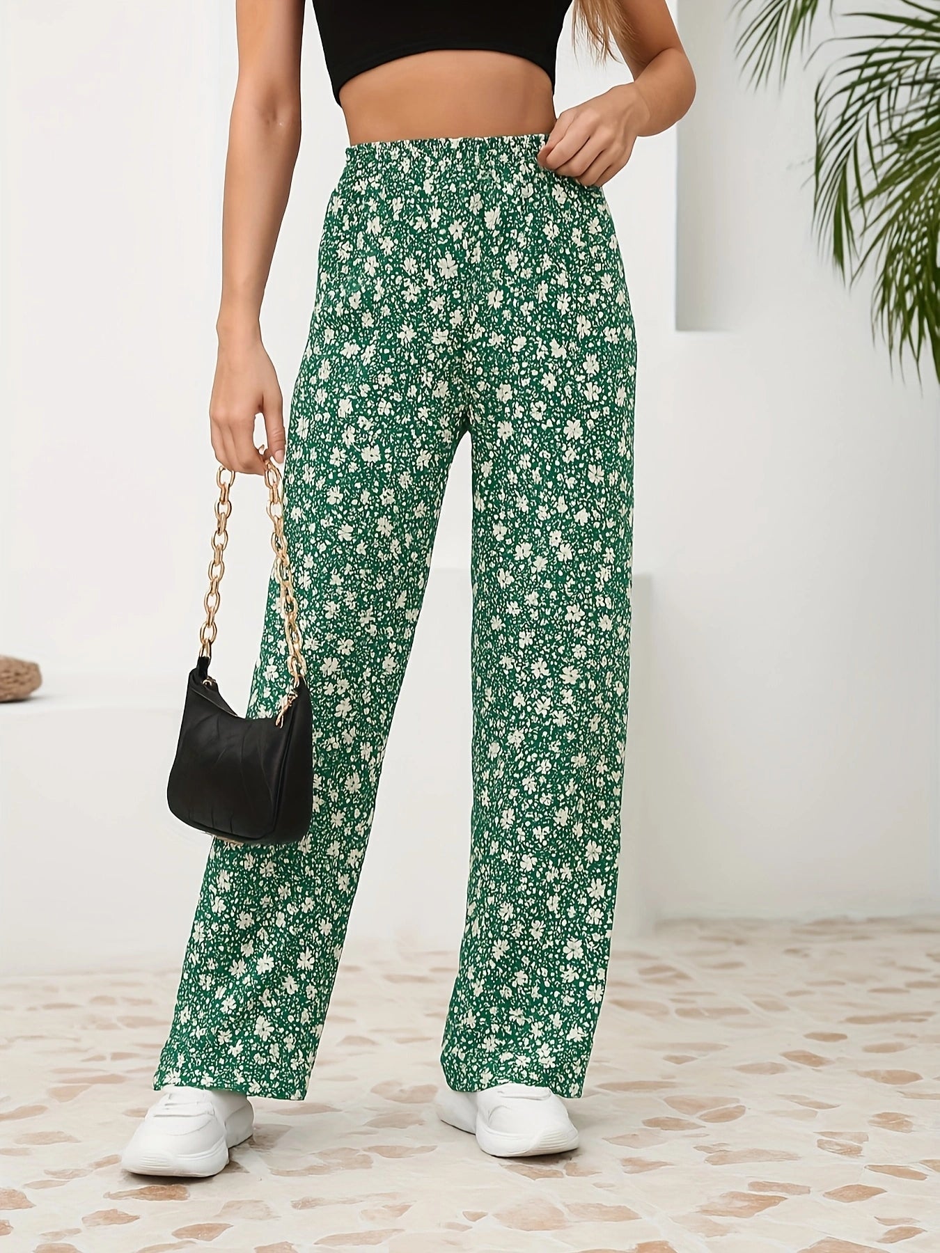 Floral Straight-Leg Pants – High-Waisted Flowy Wide-Leg Pants