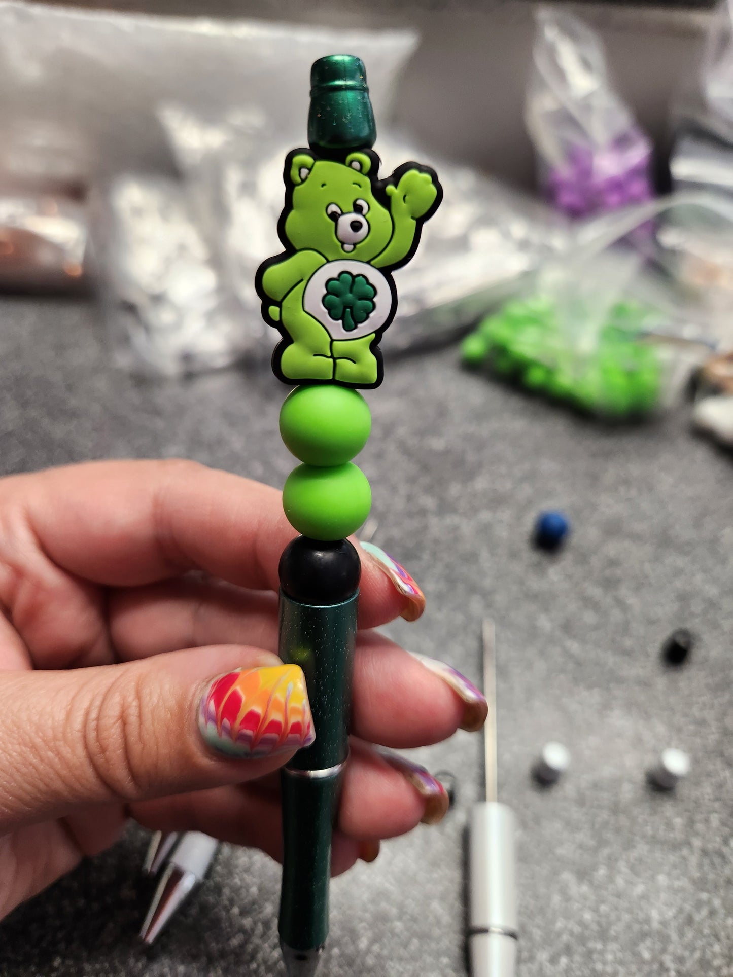 Green Bear Silicone Beaded Pen or Keychain