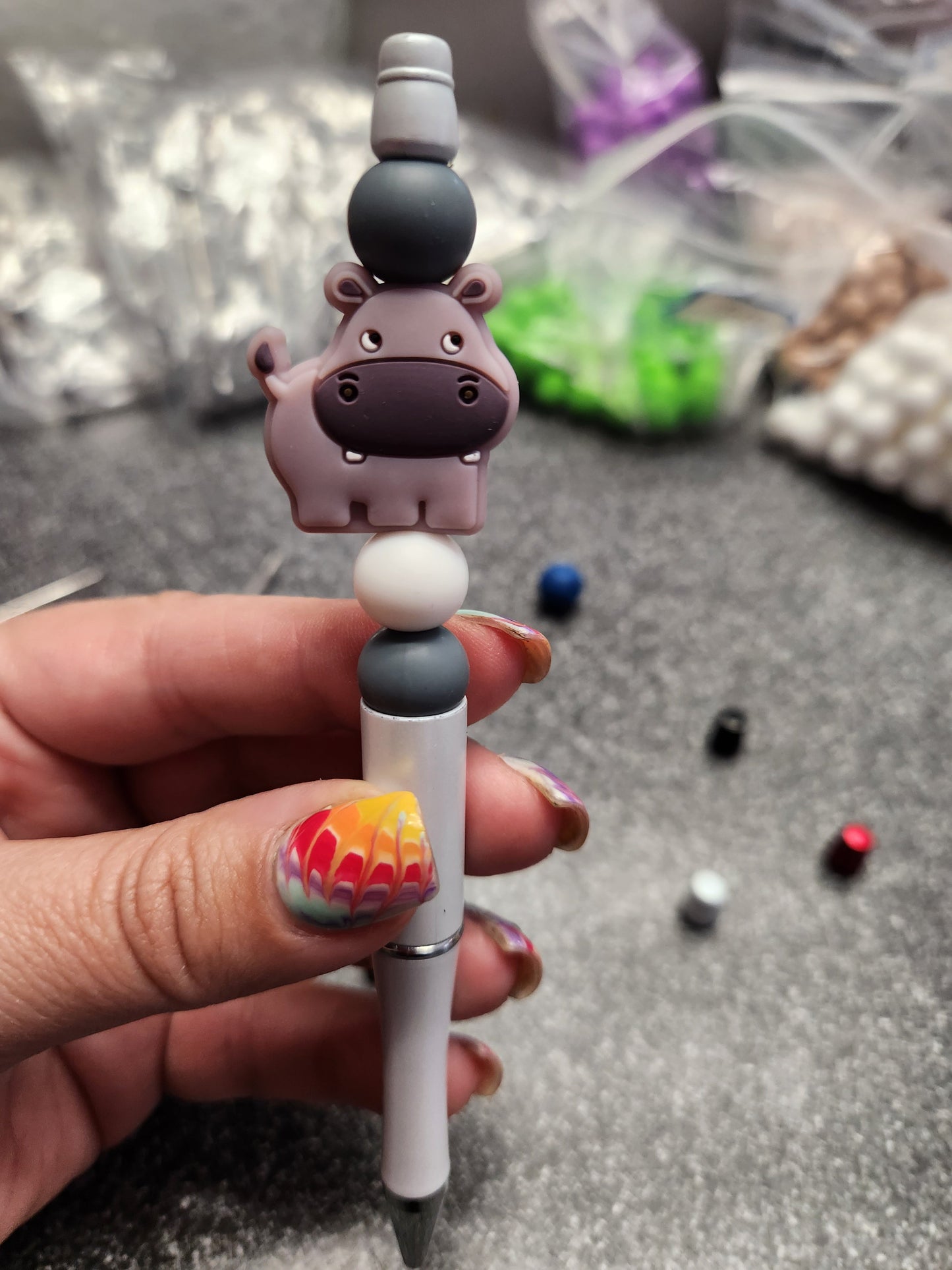 Hippo Silicone Beaded Pen or Keychain