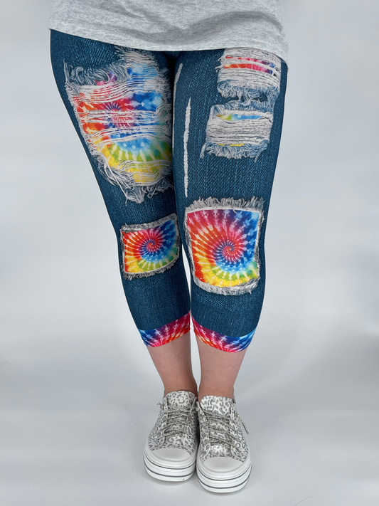Rainbow Tie Dye Denim Capri w/ Back Pockets