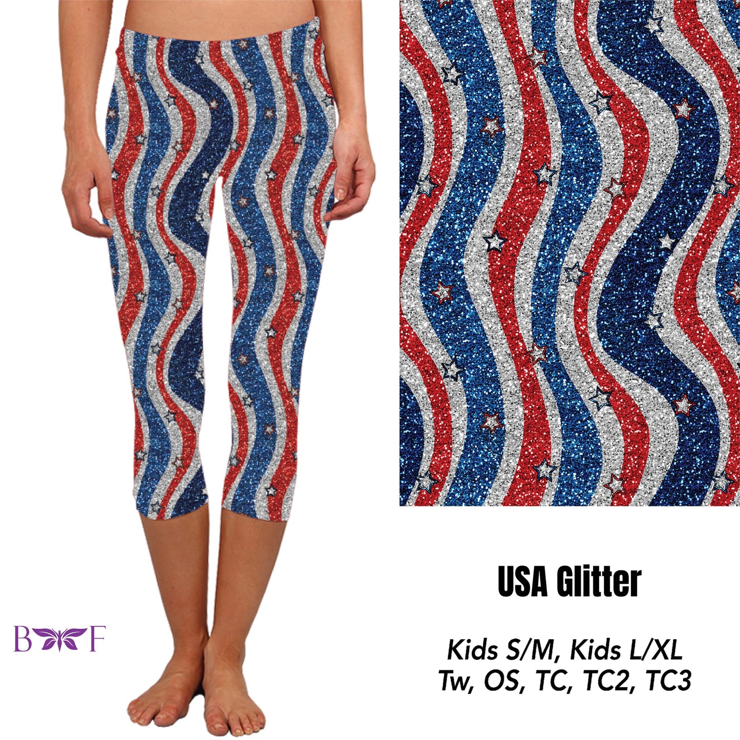 USA Glitter Capris, and shorts