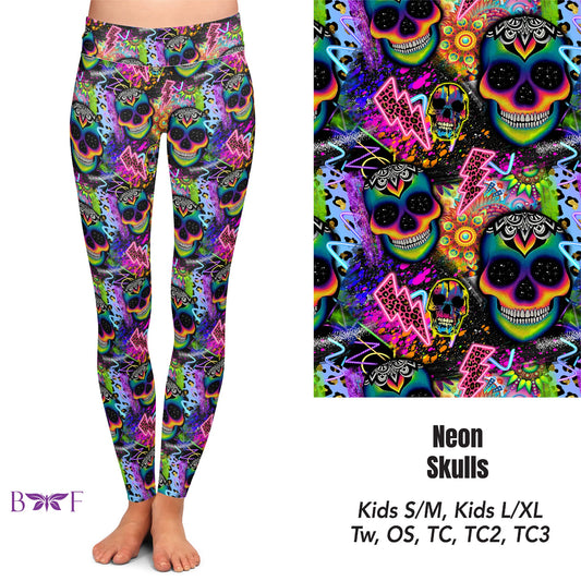 Neon Skulls Leggings, capris, capri lounge and jogger and shorts