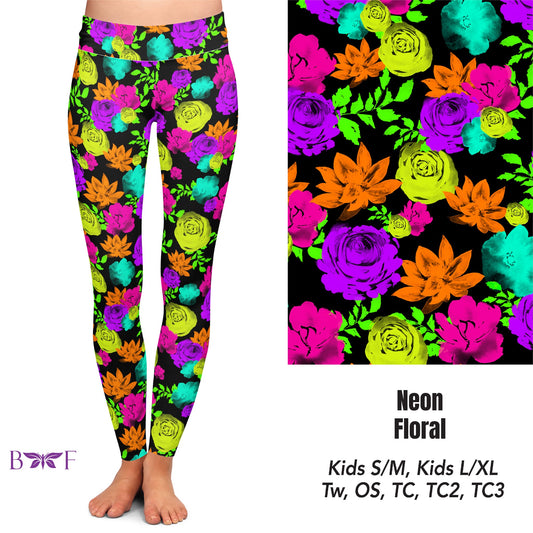 Neon Floral Leggings, capris, capri lounge and jogger and shorts