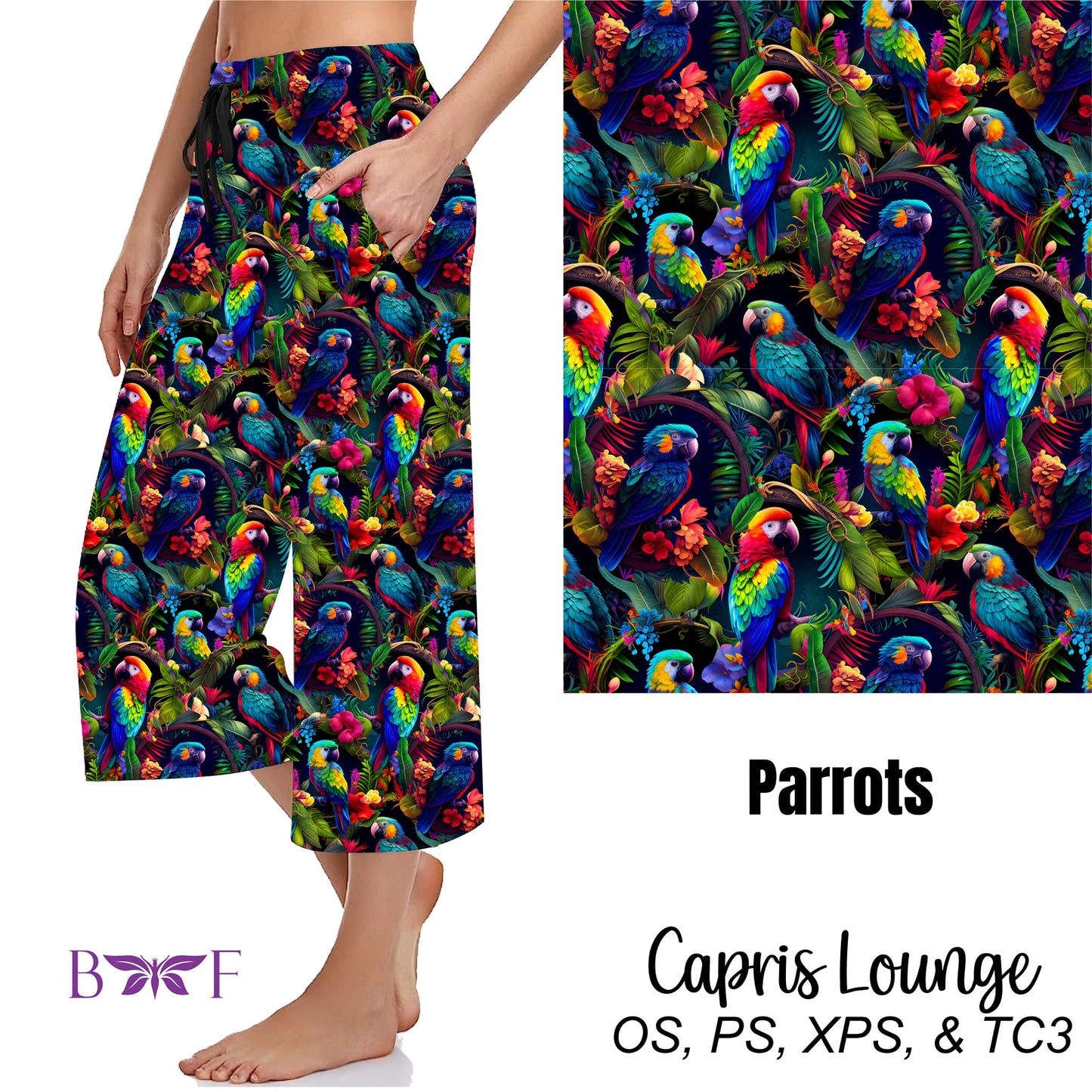 Tropical Parrot Leggings, capris, capri lounge and jogger and shorts