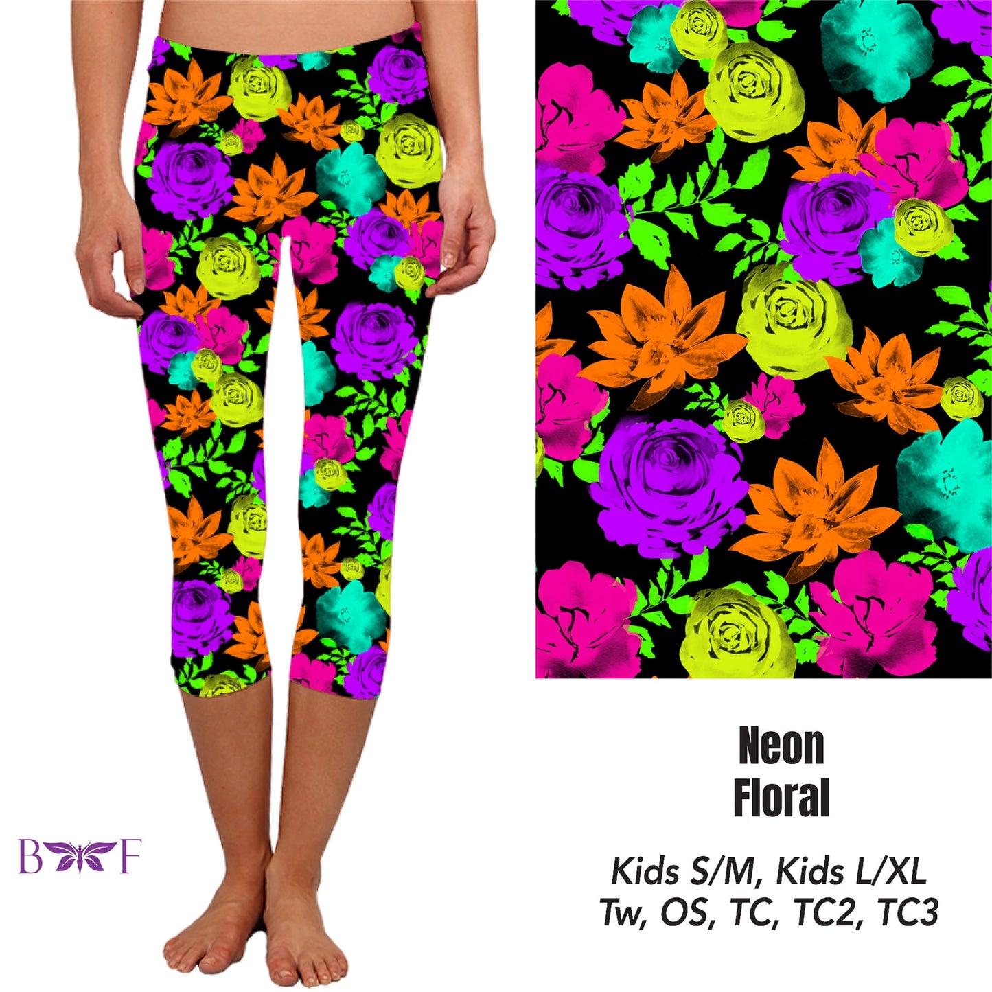 Neon Floral Leggings, capris, capri lounge and jogger and shorts