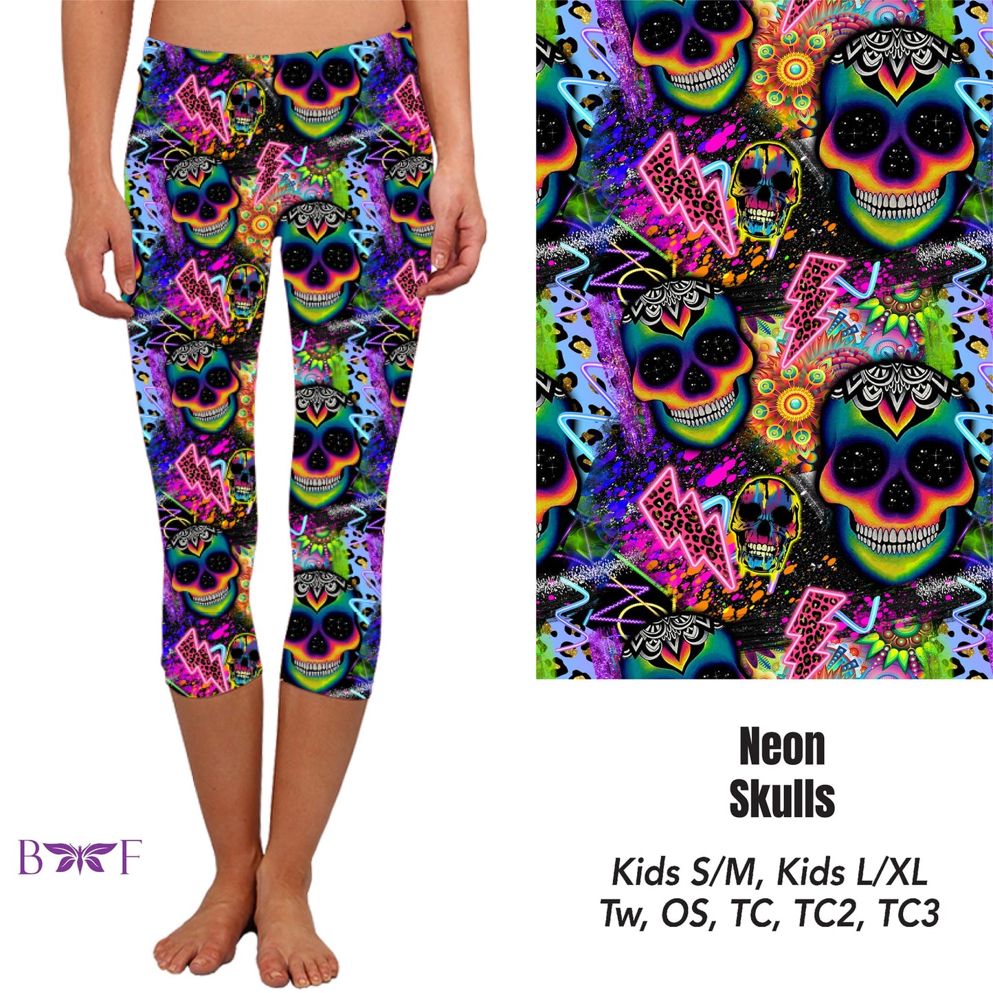 Neon Skulls Leggings, capris, capri lounge and jogger and shorts