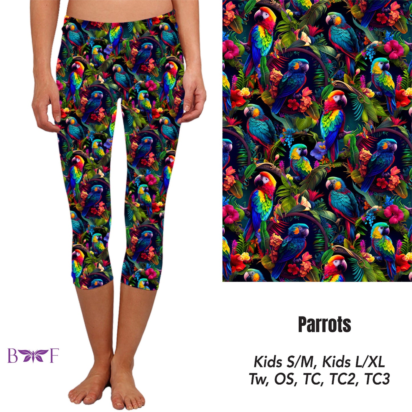 Tropical Parrot Leggings, capris, capri lounge and jogger and shorts