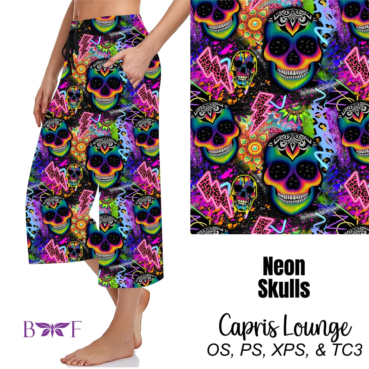 Neon Skulls Leggings, capris, capri lounge and jogger and shorts