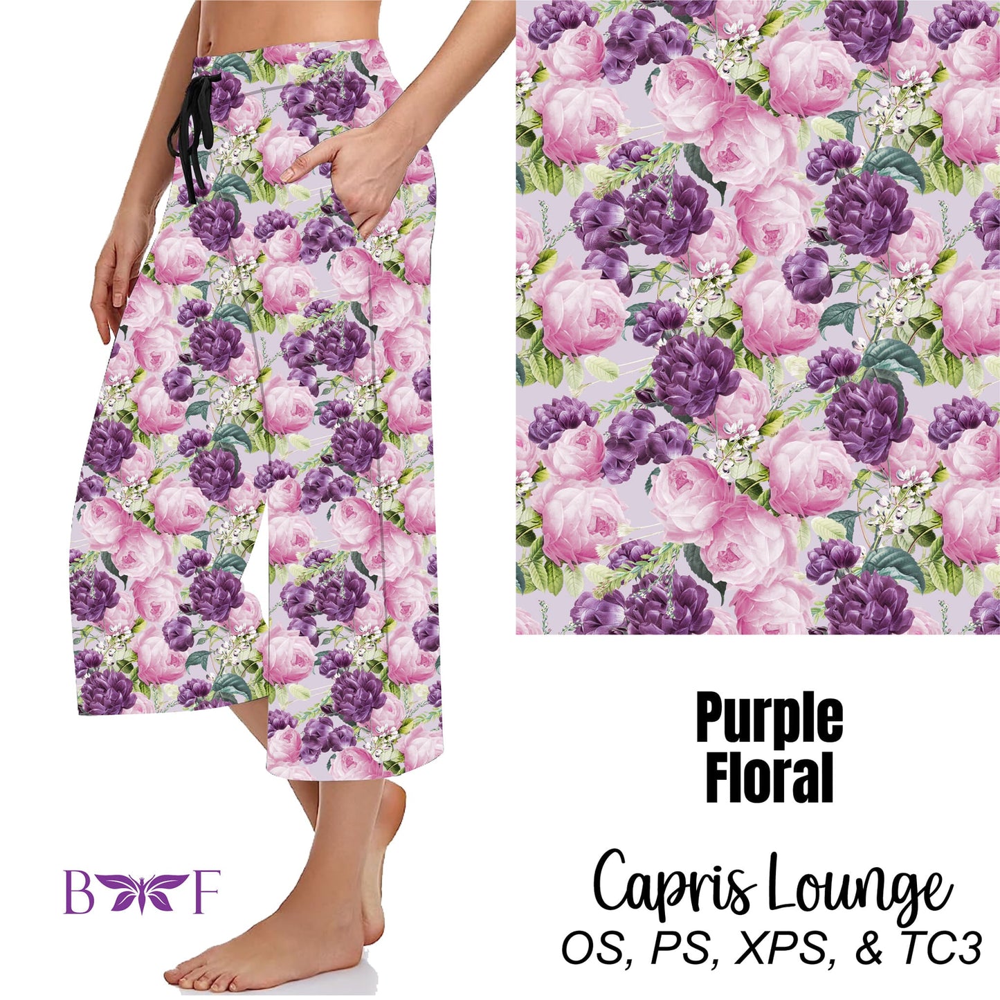 Purple Floral Leggings ,Capris, Capri Lounge Pants and Shorts