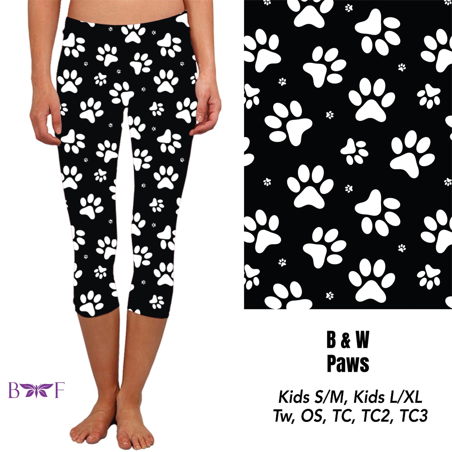 B & W Paws Leggings ,Capris, Capri Lounge Pants and Shorts