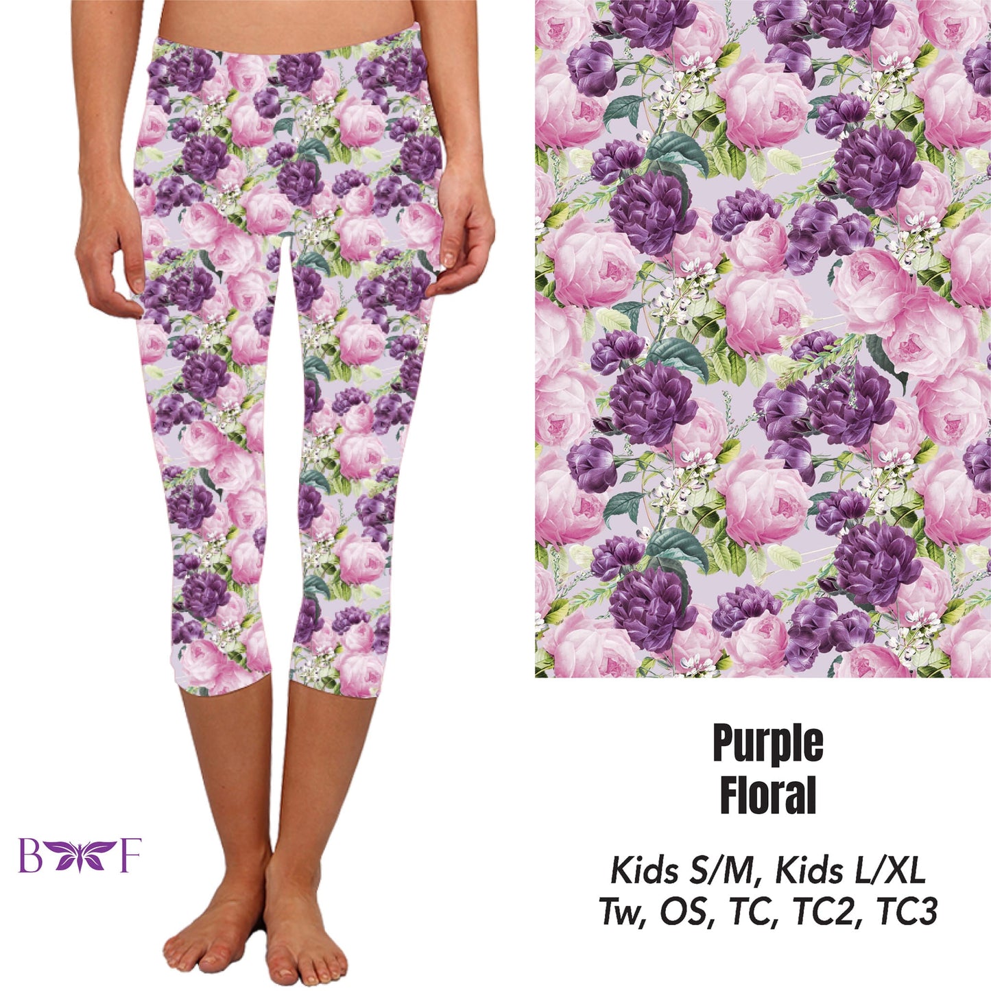 Purple Floral Leggings ,Capris, Capri Lounge Pants and Shorts