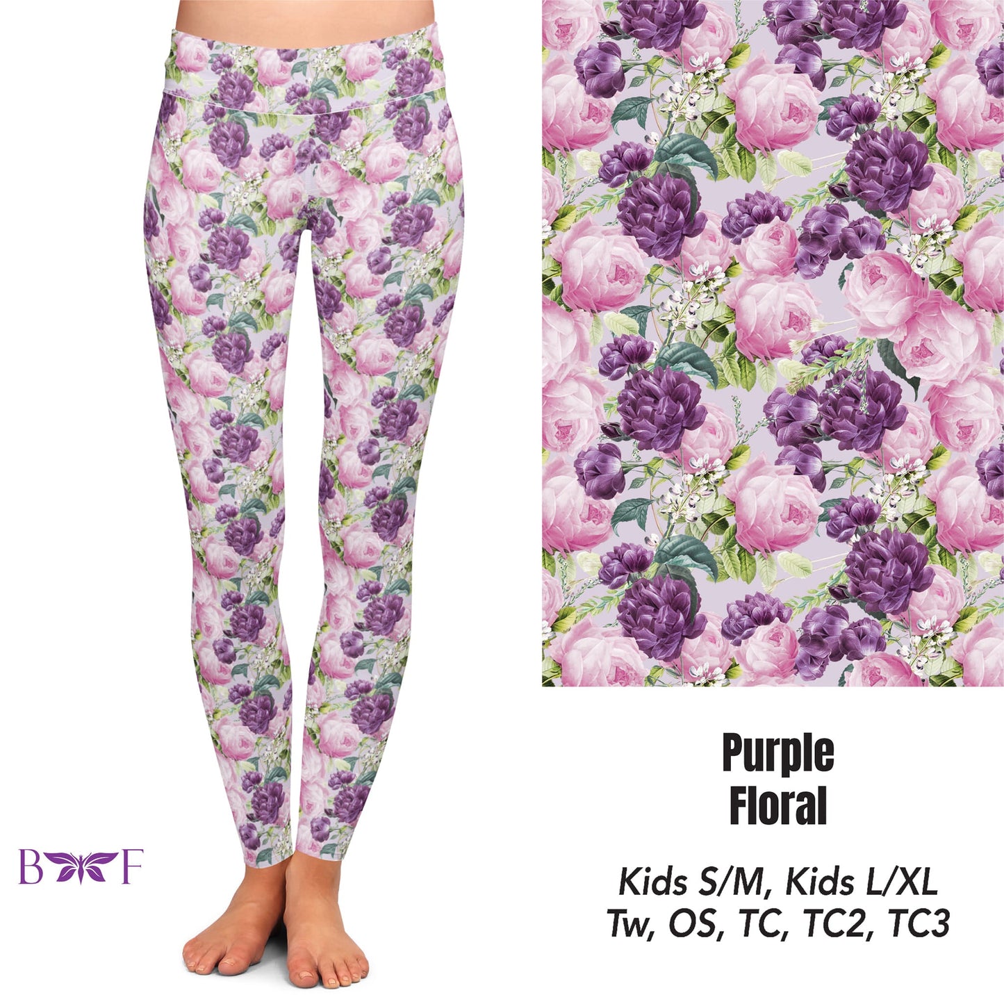 Purple Floral Leggings ,Capris, Capri Lounge Pants and Shorts