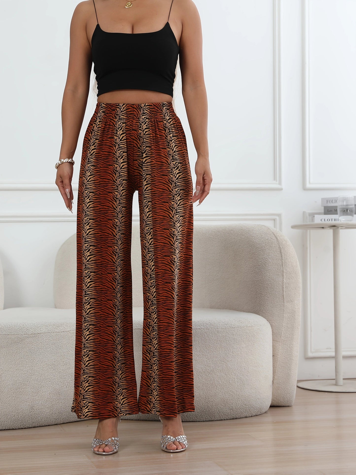 Leopard Print Wide Leg Pants – High-Waisted Stretch