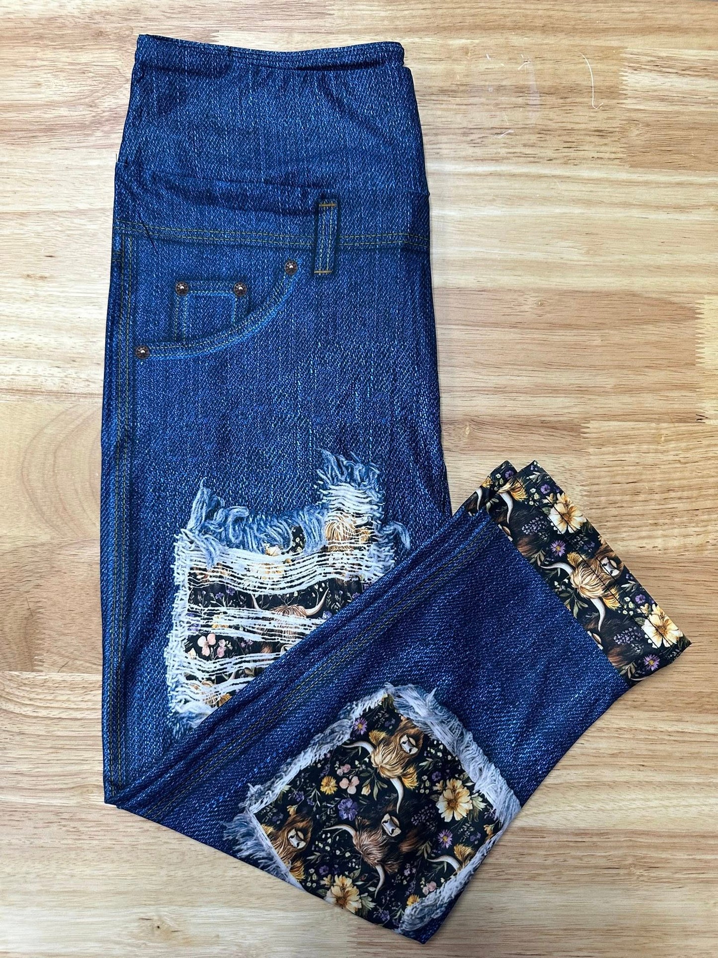 Purple Highland Cow Denim Capri w/ Back Pockets