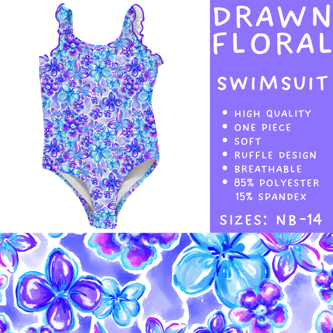 Ready to Ship - Drawn Floral Girls Swimsuit - 3T, 4T & 5T