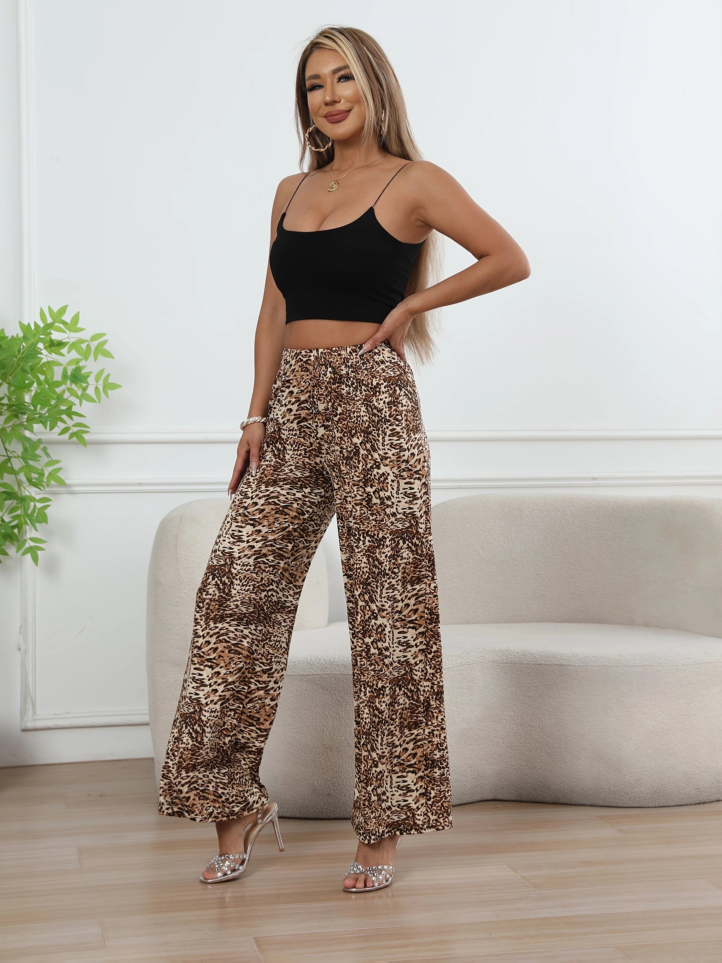 Leopard Print Wide Leg Pants – High-Waisted Stretch