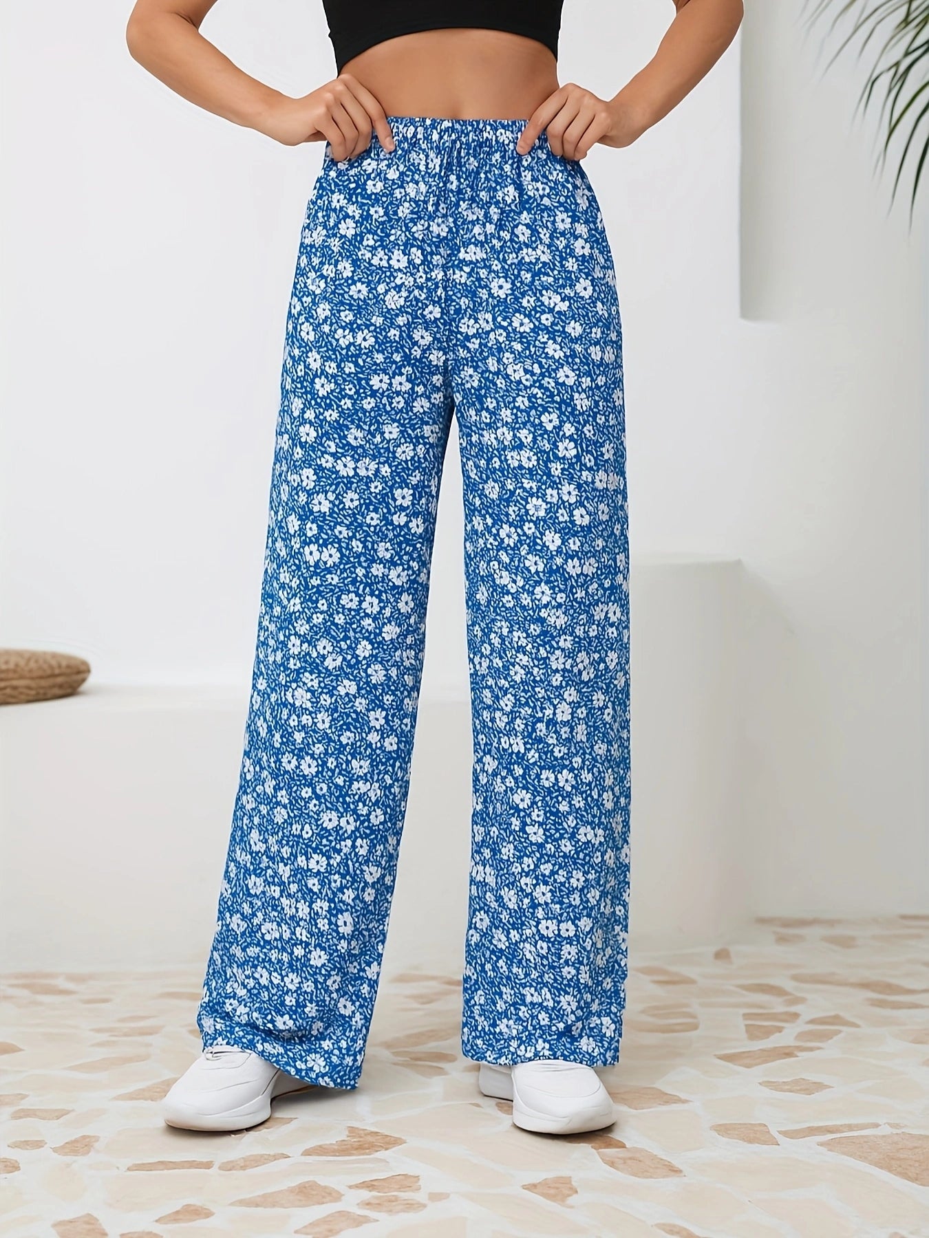 Floral Straight-Leg Pants – High-Waisted Flowy Wide-Leg Pants