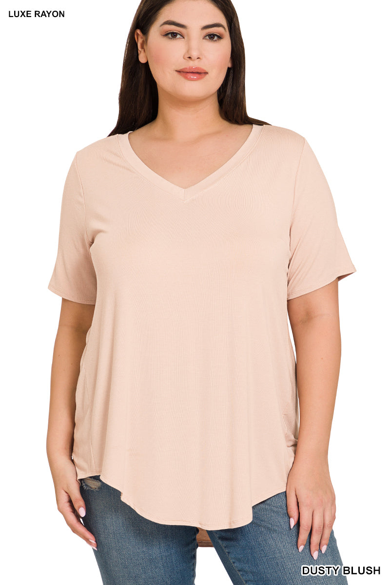 RTS - Luxe Rayon Short Sleeve V-Neck Hi-Low Hem Top (Plus Size)