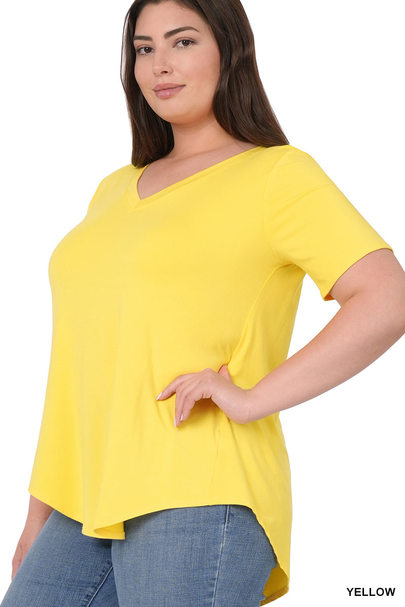 RTS - Luxe Rayon Short Sleeve V-Neck Hi-Low Hem Top (Plus Size)