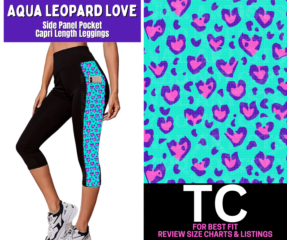 Aqua Leopard Side Panel Pocket Capri Length Leggings