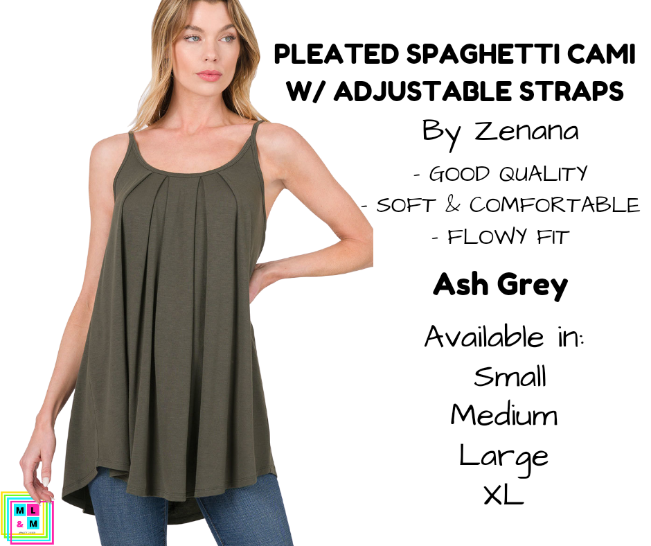 Pleated Spaghetti Strap Cami - Ash Grey