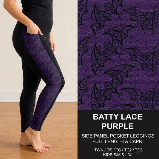 B305 - Preorder Batty Lace Purple Side Panel Pocket Leggings (Closes 8/02. ETA: early Oct.)