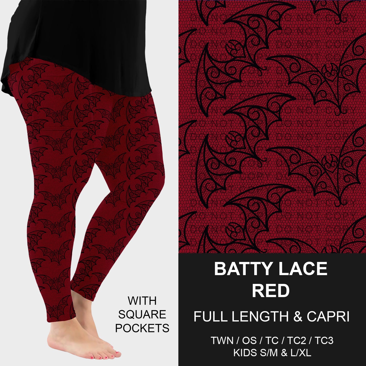 B305 - Preorder Batty Lace Red Leggings w/ Pockets (Closes 8/02. ETA: early Oct.)