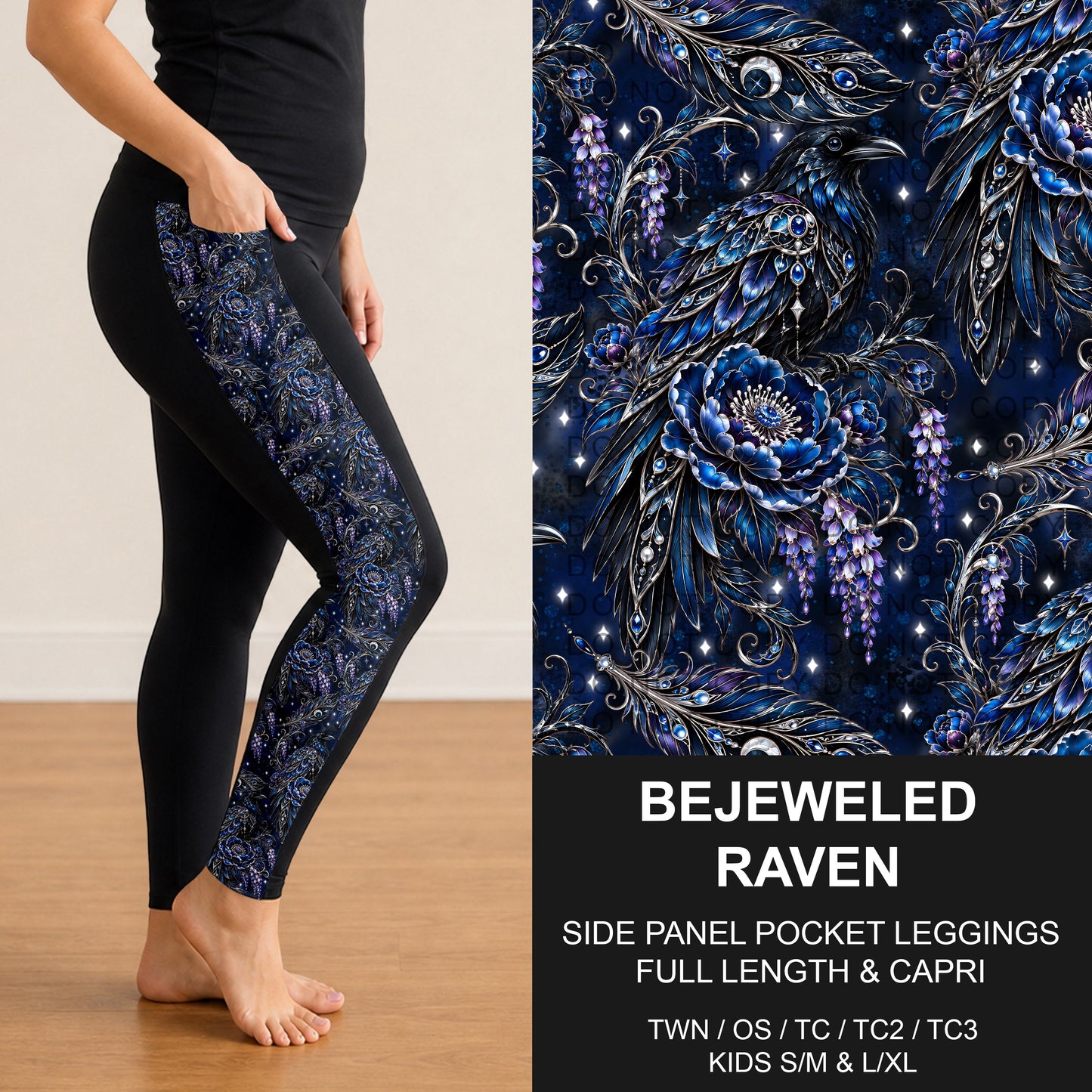 B319 - Preorder Bejeweled Raven Side Panel Pocket Leggings (Closes 11/01. ETA: early Jan.)