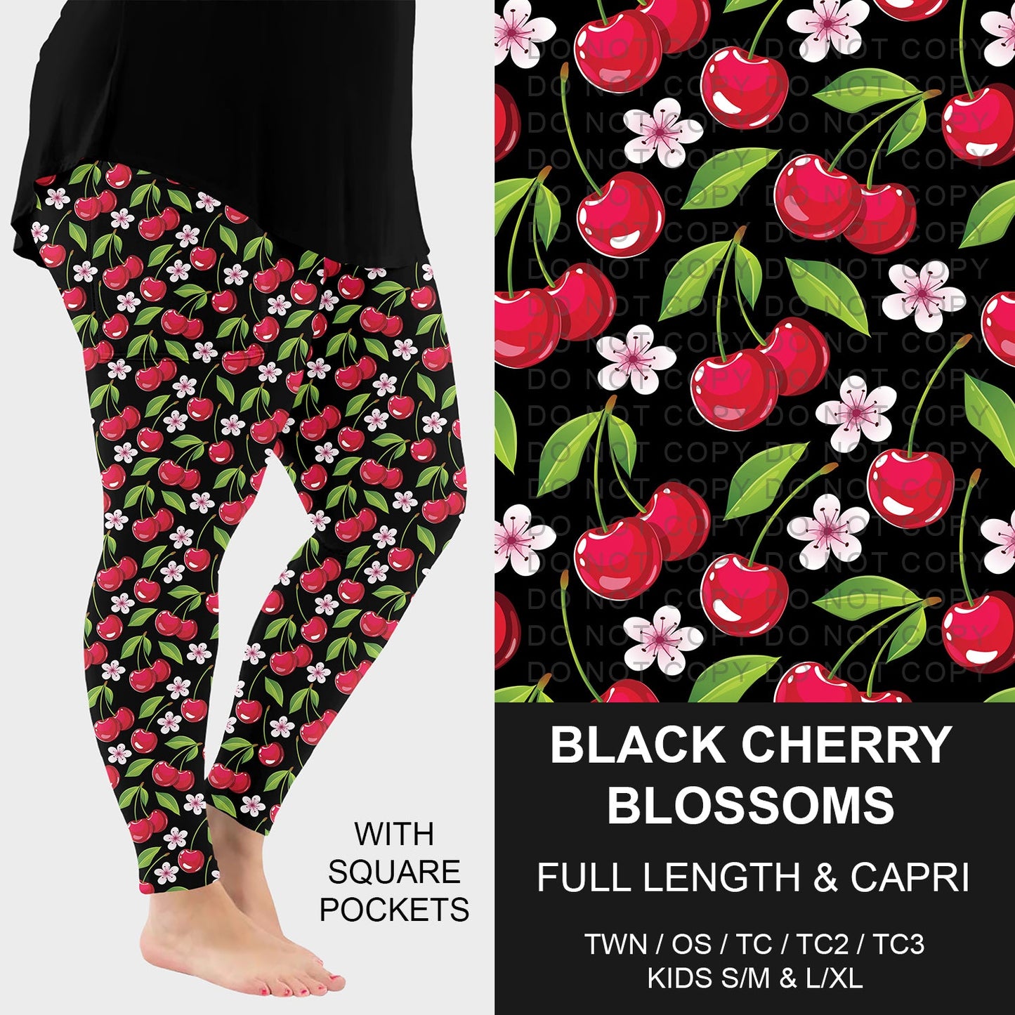 B294 - Preorder Black Cherry Blossoms Leggings w/ Pockets (Closes 6/07. ETA: early Aug.)